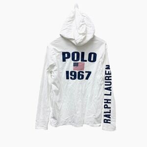 Polo Ralph Lauren White Long Sleeve Hoodie Mens M 1967 Flag Graphic Pony Logo